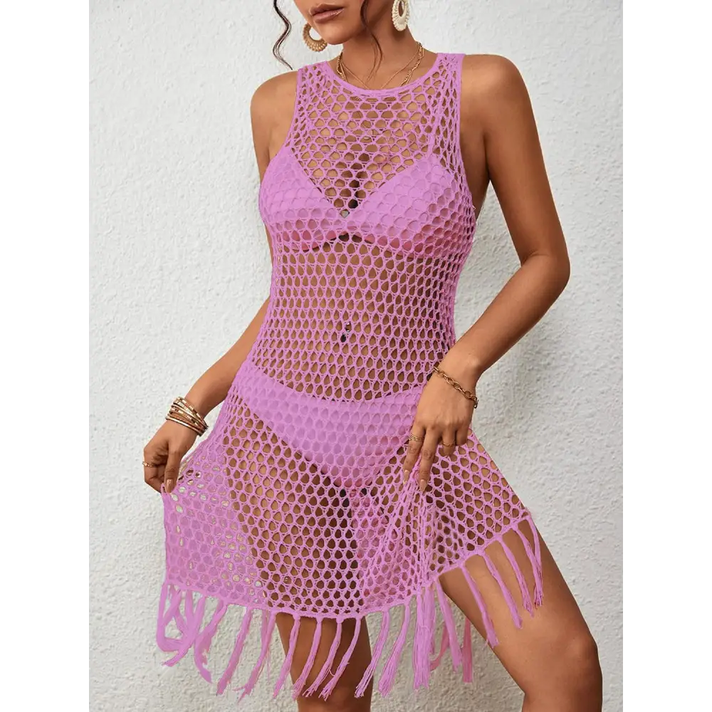 Boho Chic Tassel Hem Hollow Sleeveless Cover Up for Beach Bliss