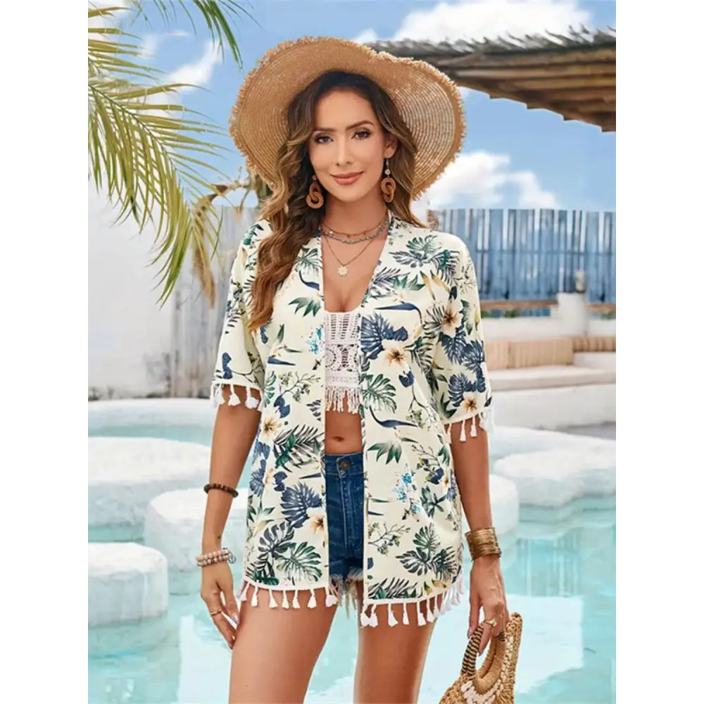 Breezy Floral Tassel Kimono Half Sleeve Cover-Up for Summer Chic