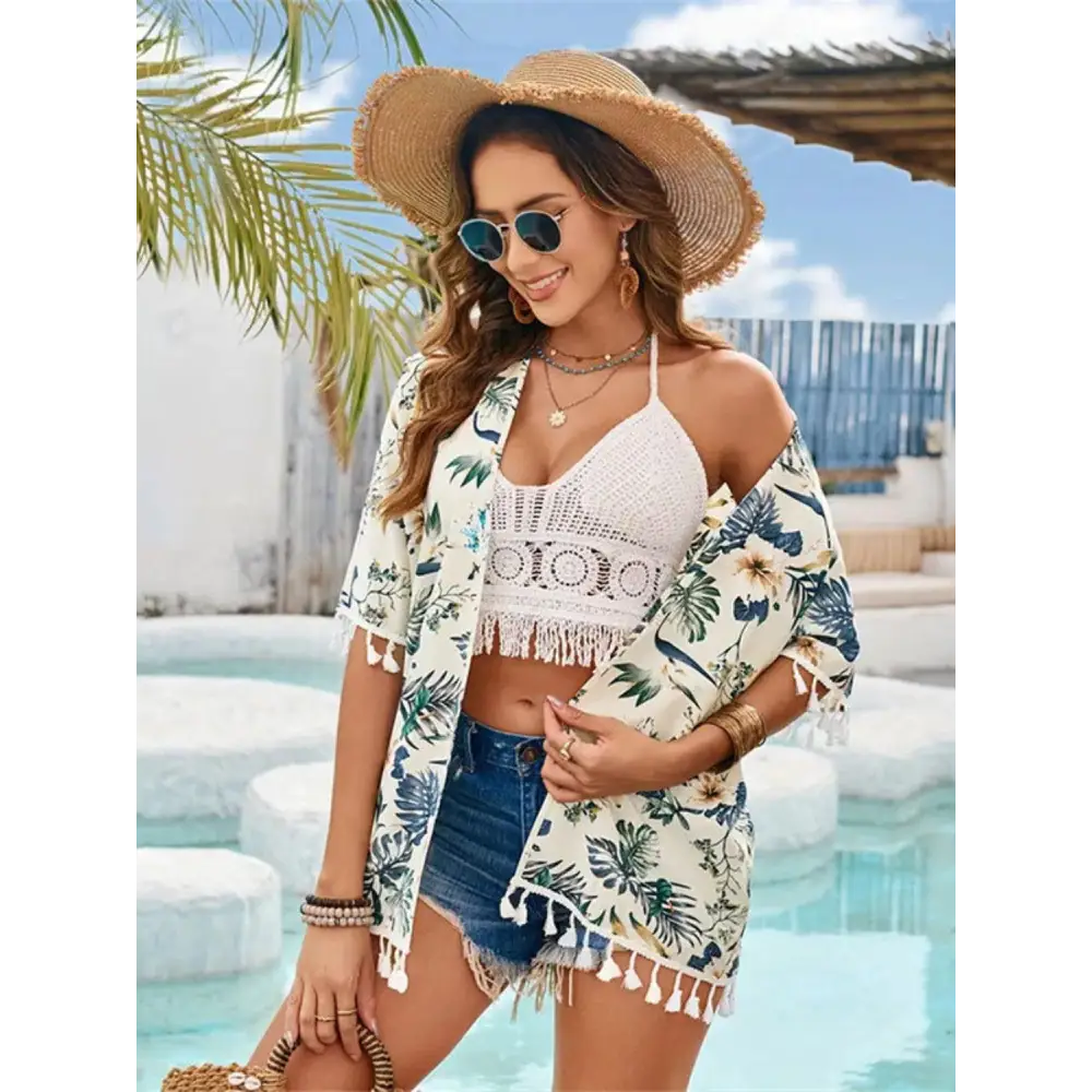 Breezy Floral Tassel Kimono Half Sleeve Cover-Up for Summer Chic