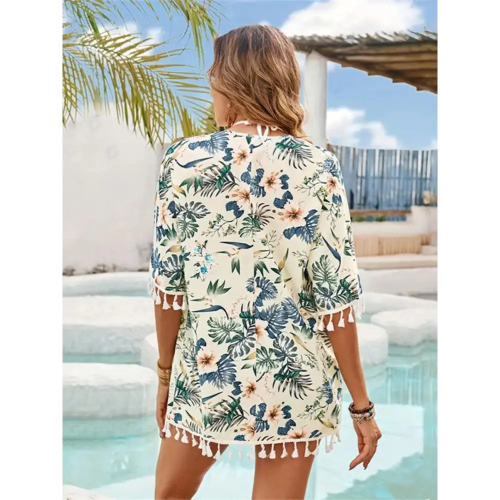 Breezy Floral Tassel Kimono Half Sleeve Cover-Up for Summer Chic