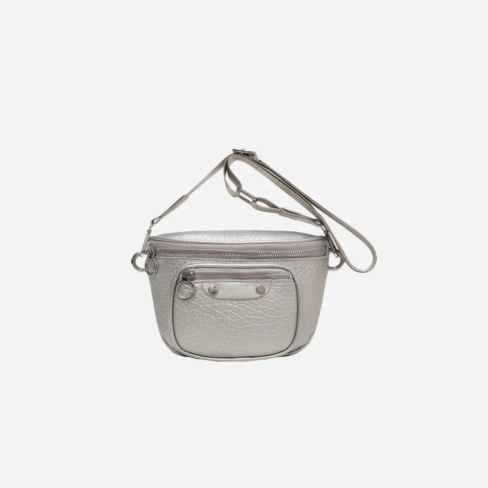 Sleek Silver Texture PU Leather Crossbody Bag with Original Tags