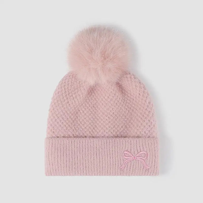 Thermal Bow Knit Hat with Pompom