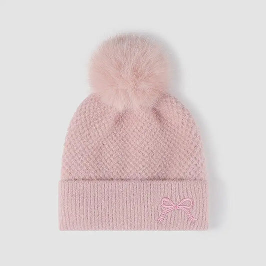 Thermal Bow Knit Hat with Pompom - CM Fashion