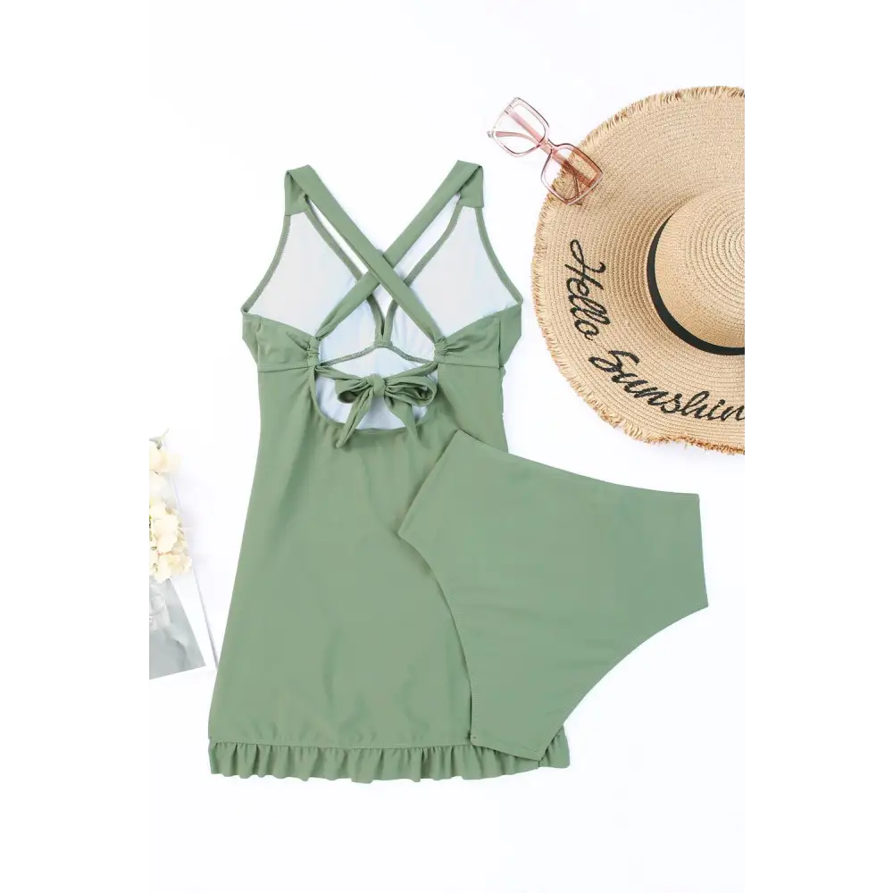 Green Sleeveless Swim Dress with Ruffled Skirt