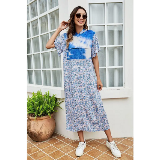 Tie-Dye Floral Flutter Sleeve Hooded Dress - CM Fashion