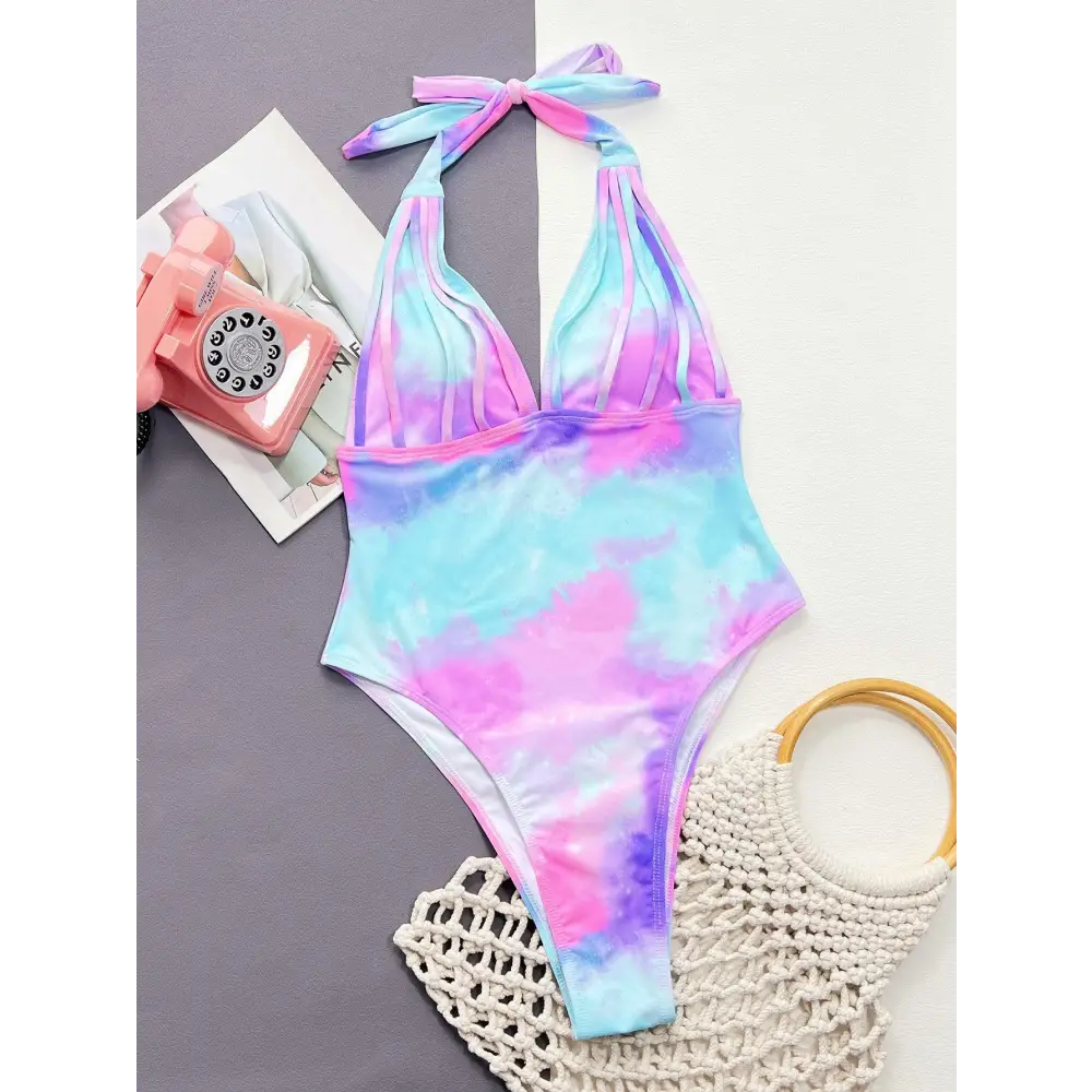 Vibrant Tie-Dye Halter Neck One-Piece Swimsuit for Summer Fun