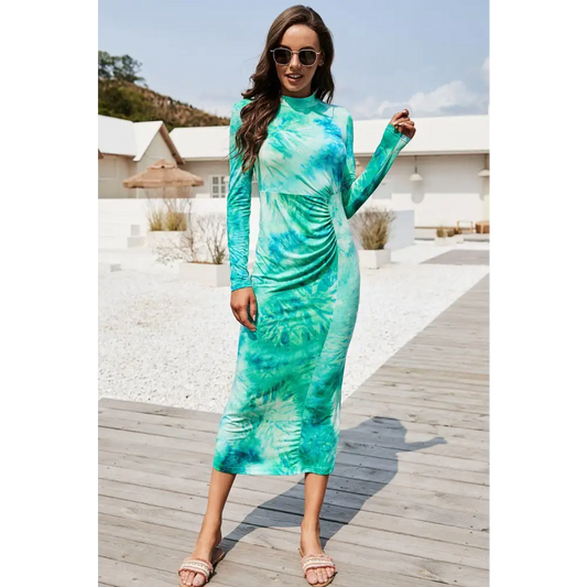 Tie Dye Mock Neck Long Sleeve Dress - CM Fashion