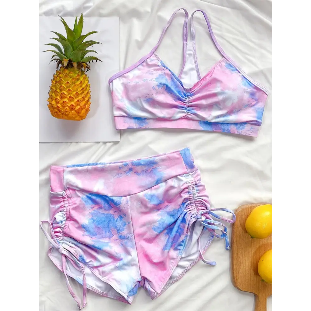 Dreamy Tie-Dye Spaghetti Strap Top and Drawstring Shorts Swim Set