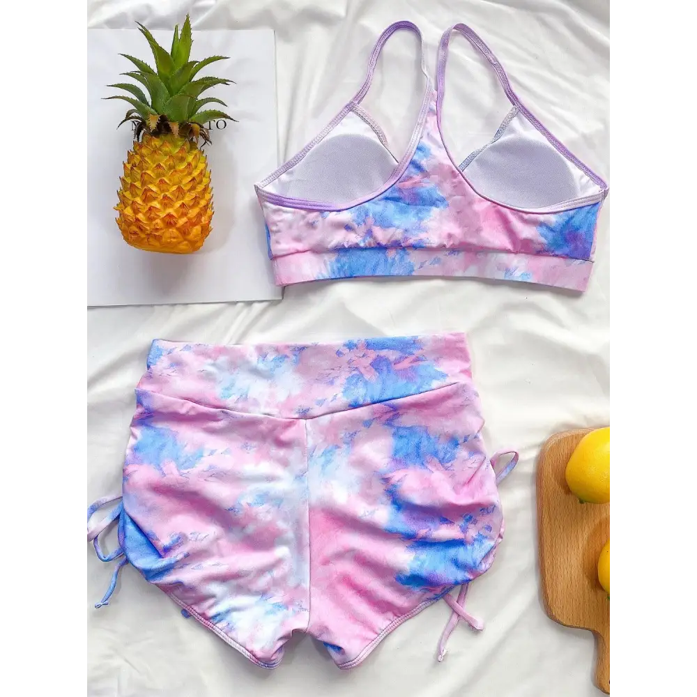 Dreamy Tie-Dye Spaghetti Strap Top and Drawstring Shorts Swim Set