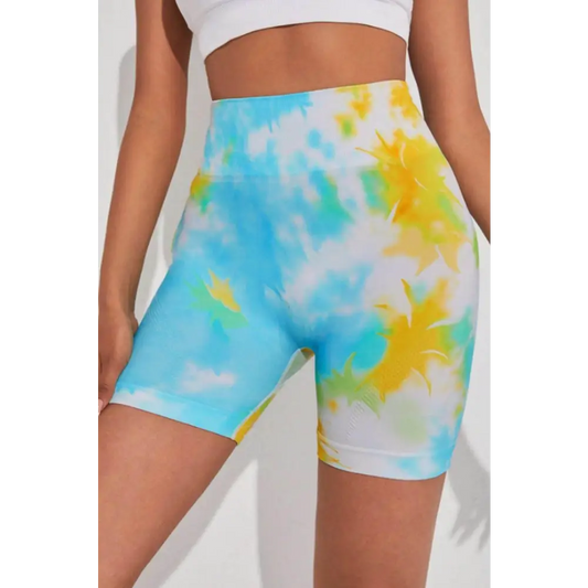 Tie-Dye Wide Waistband Sports Shorts - Light Blue / S - CynthiaMonica CM