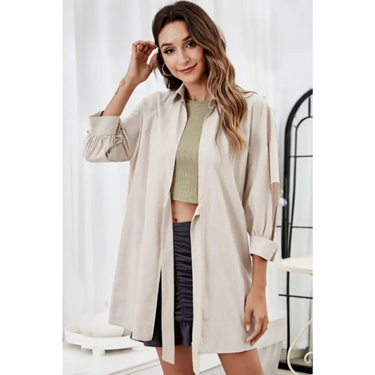 Tie Front Collared Neck Cutout Shacket - CM Fashion