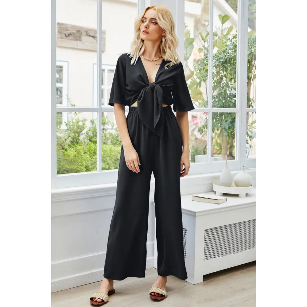 Romantic Thread Tie Cutout Wide Leg Jumpsuit