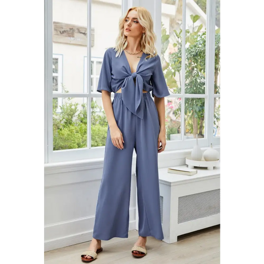 Tie Front Cutout Wide Leg Jumpsuit - CM Fashion