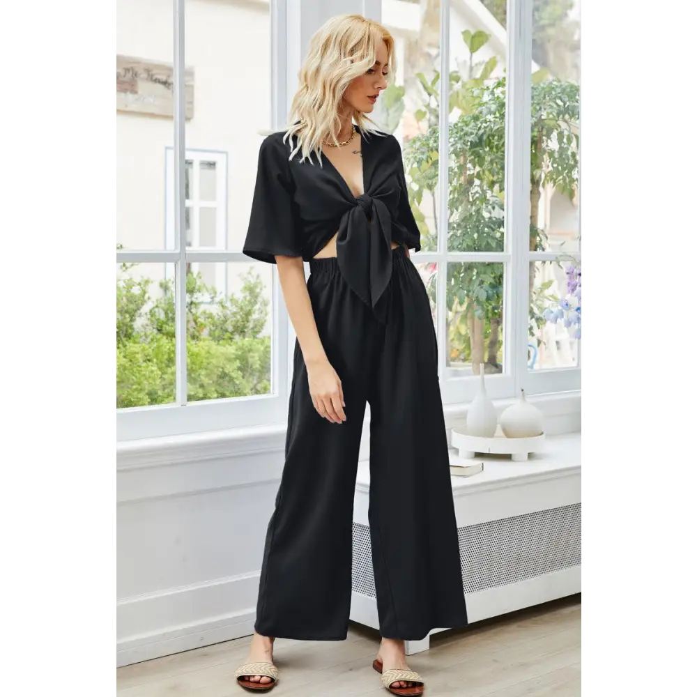 Romantic Thread Tie Cutout Wide Leg Jumpsuit