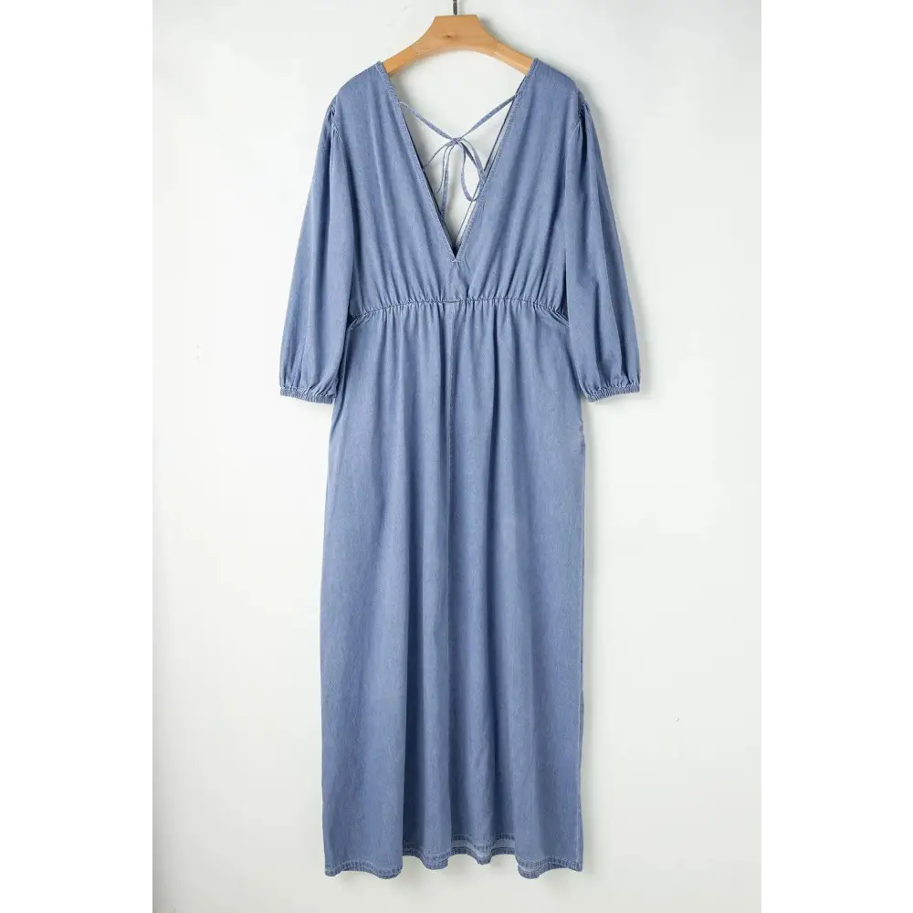 Sultry Tied Plunge Three-Quarter Sleeve Denim Dress