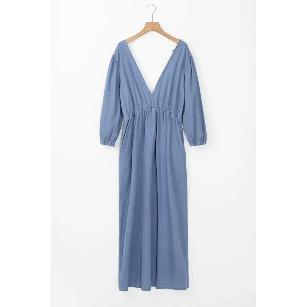 Sultry Tied Plunge Three-Quarter Sleeve Denim Dress