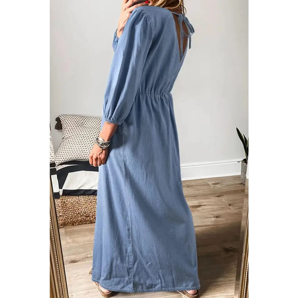 Sultry Tied Plunge Three-Quarter Sleeve Denim Dress