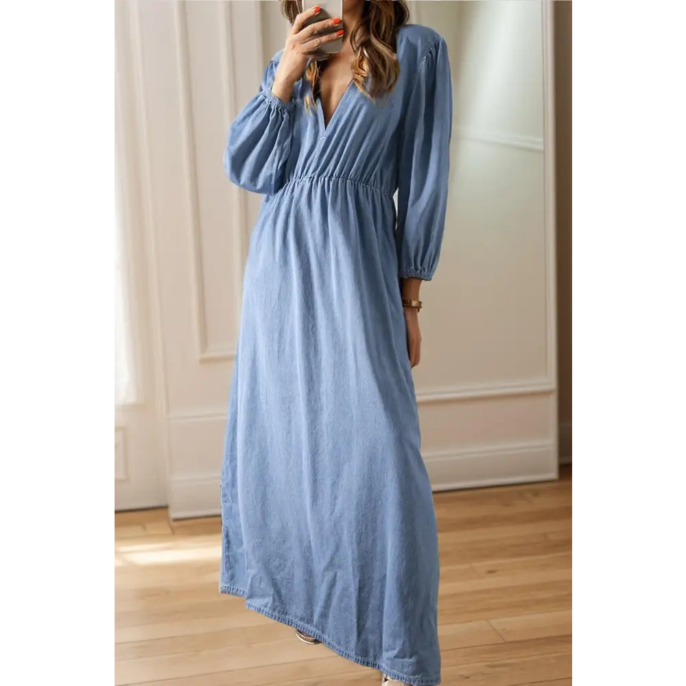 Sultry Tied Plunge Three-Quarter Sleeve Denim Dress