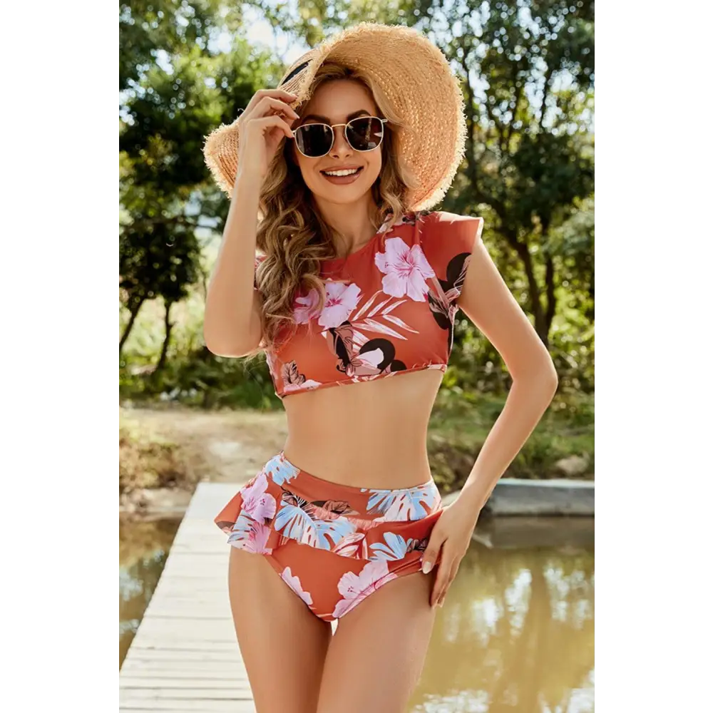 Tied Printed Cap Sleeve Two-Piece Swim Set