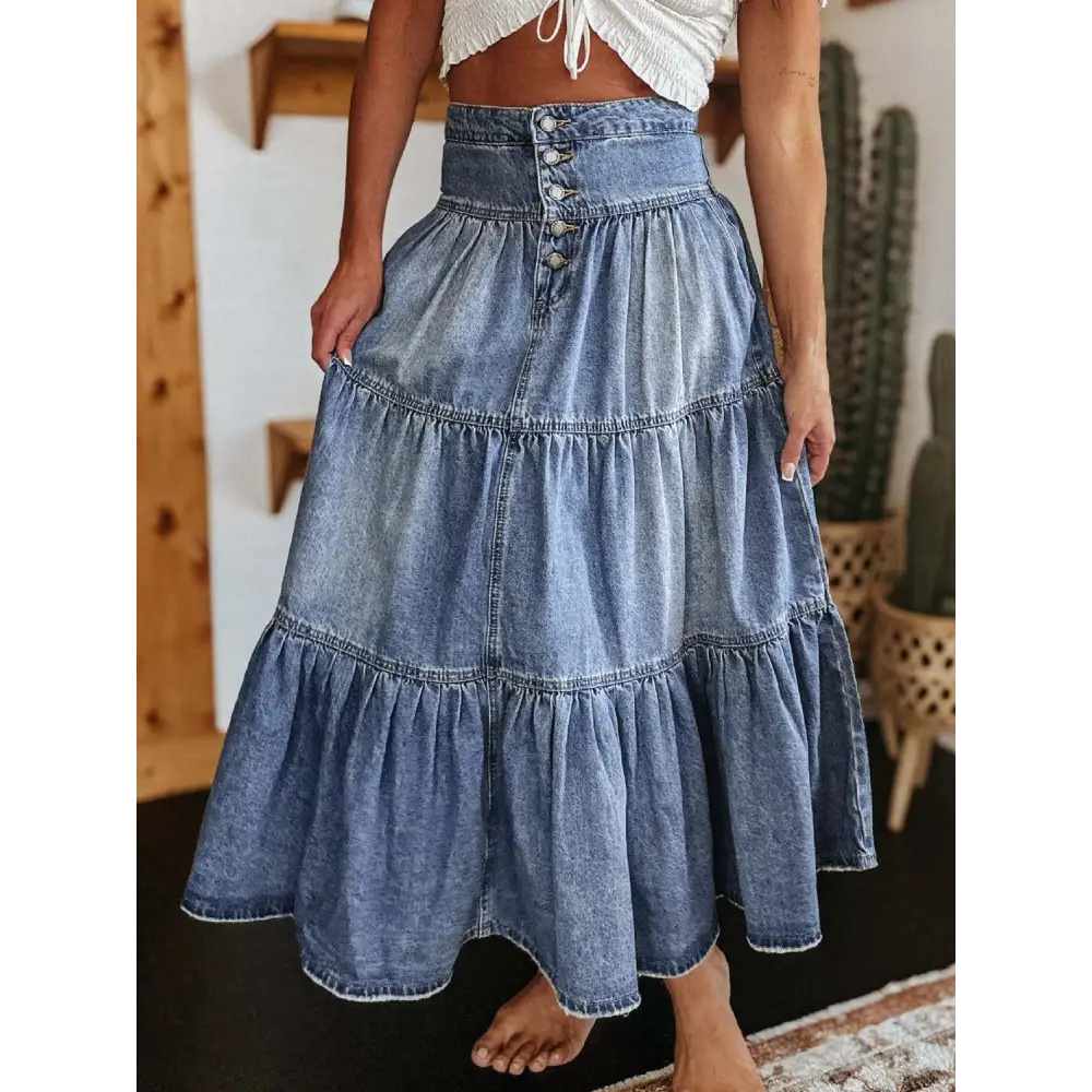 Stylish Tiered Button-Fly Denim Skirt with Original Tags