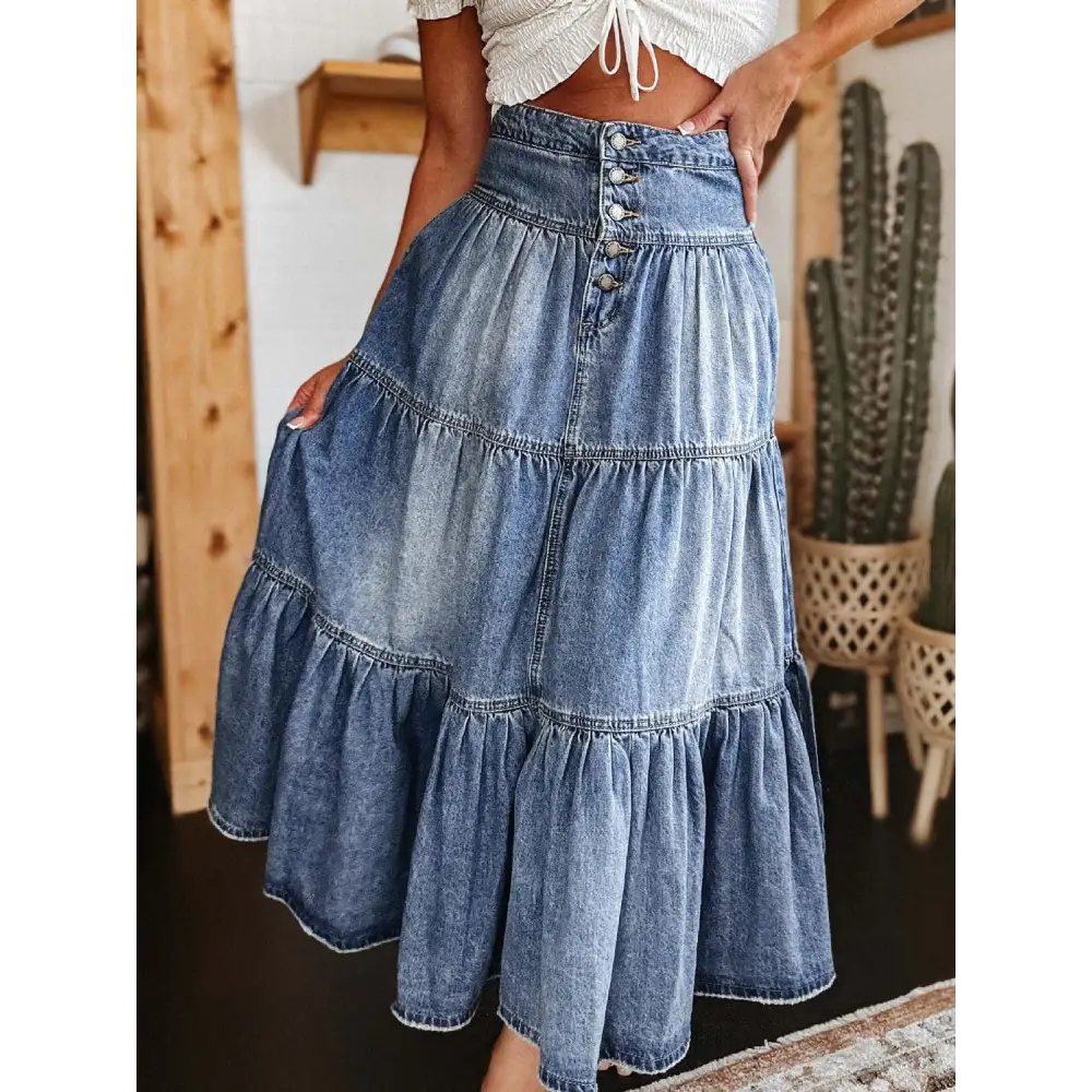 Stylish Tiered Button-Fly Denim Skirt with Original Tags