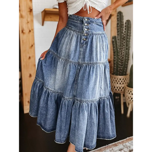 Tiered Button-Fly Denim Skirt - CM Fashion