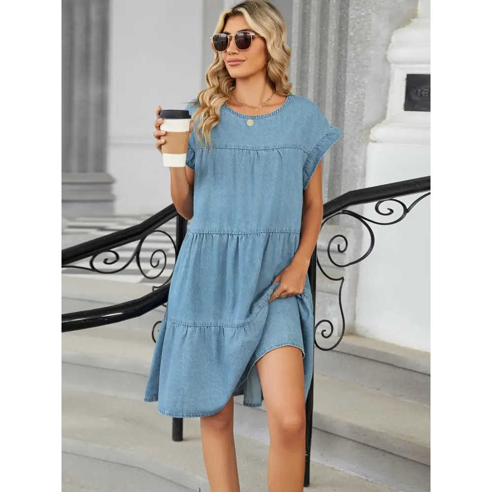 Tiered Round Neck Short Sleeve Denim Dress