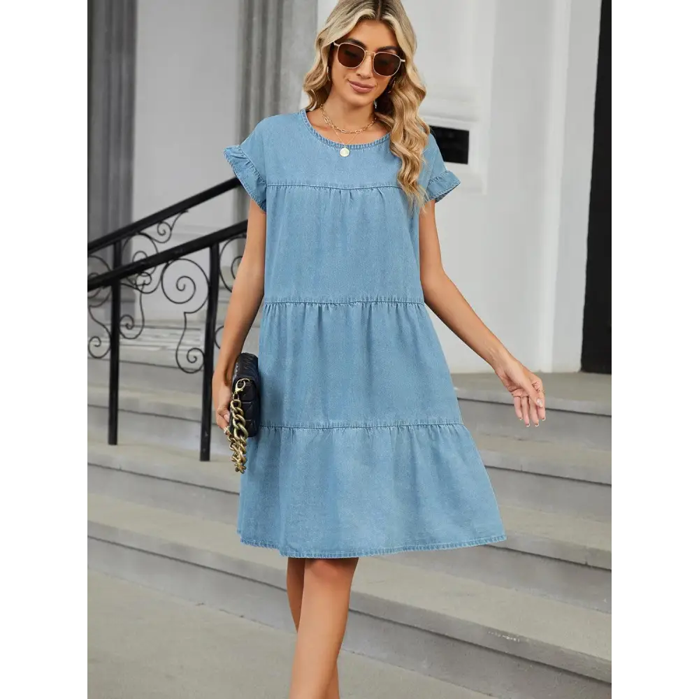 Tiered Round Neck Short Sleeve Denim Dress