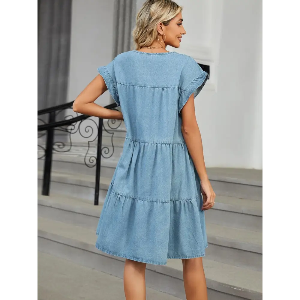 Tiered Round Neck Short Sleeve Denim Dress