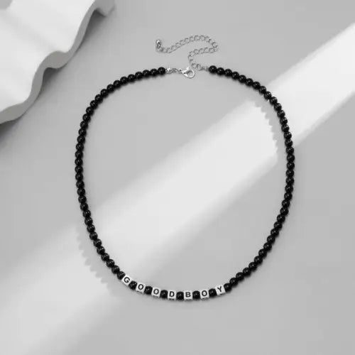 Trendy Black Beaded Necklace with Square Good Boy Letter Design 