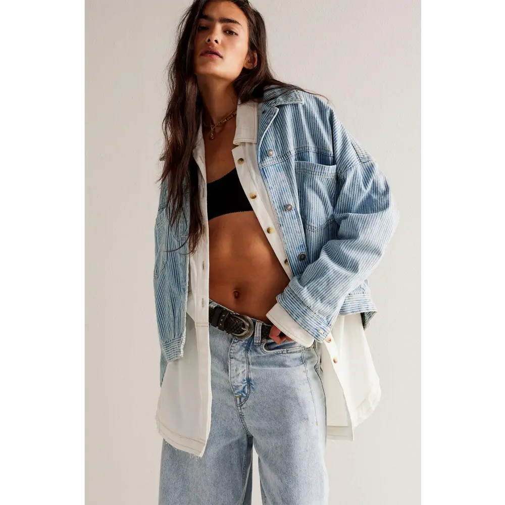 Trendy Blue Stripe Washed Oversized Pocketed Denim Jacket