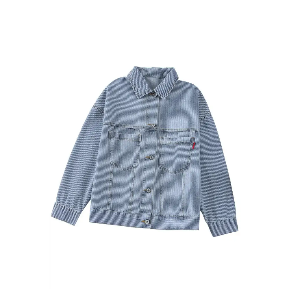 Trendy Blue Stripe Washed Oversized Pocketed Denim Jacket