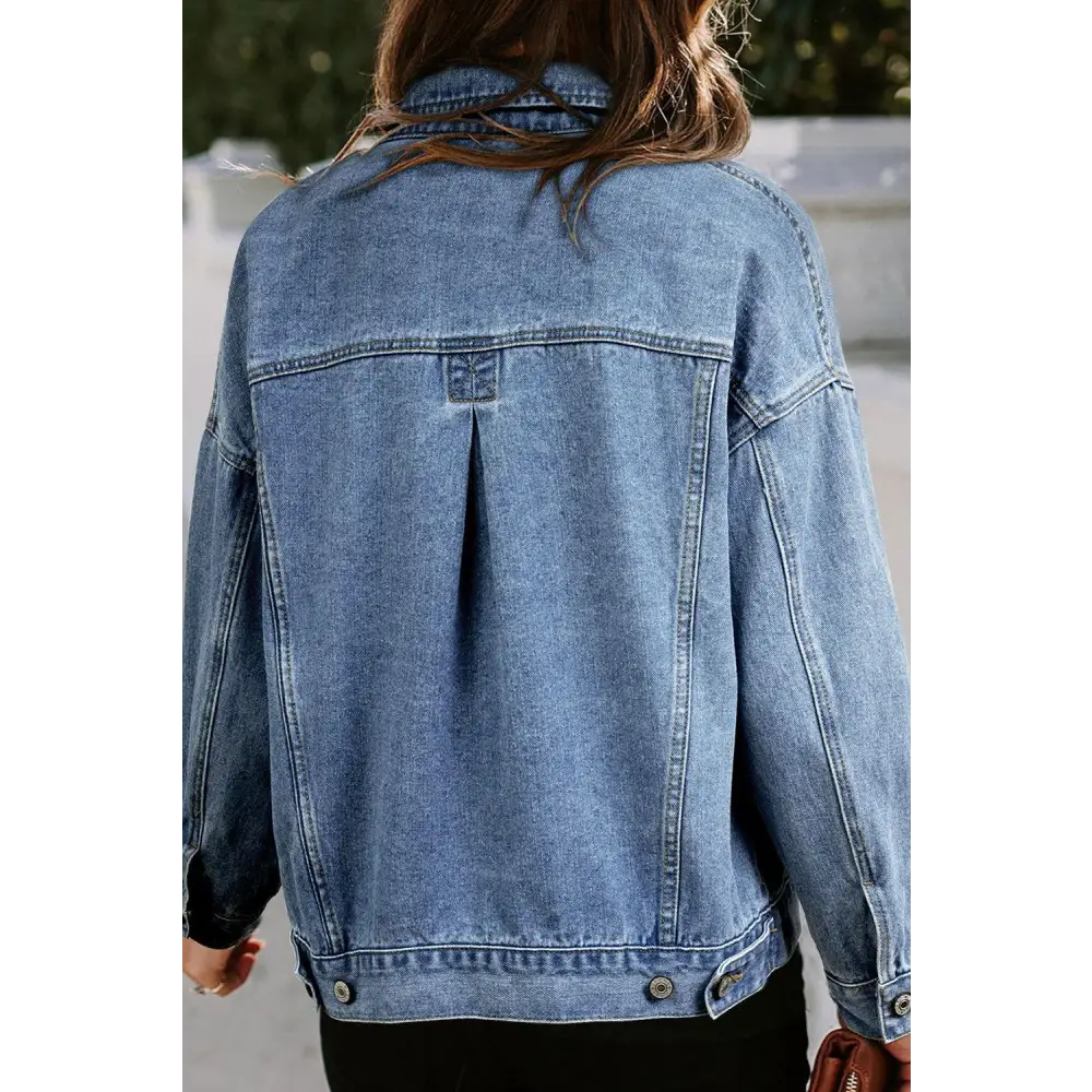 Trendy Blue Stripe Washed Oversized Pocketed Denim Jacket