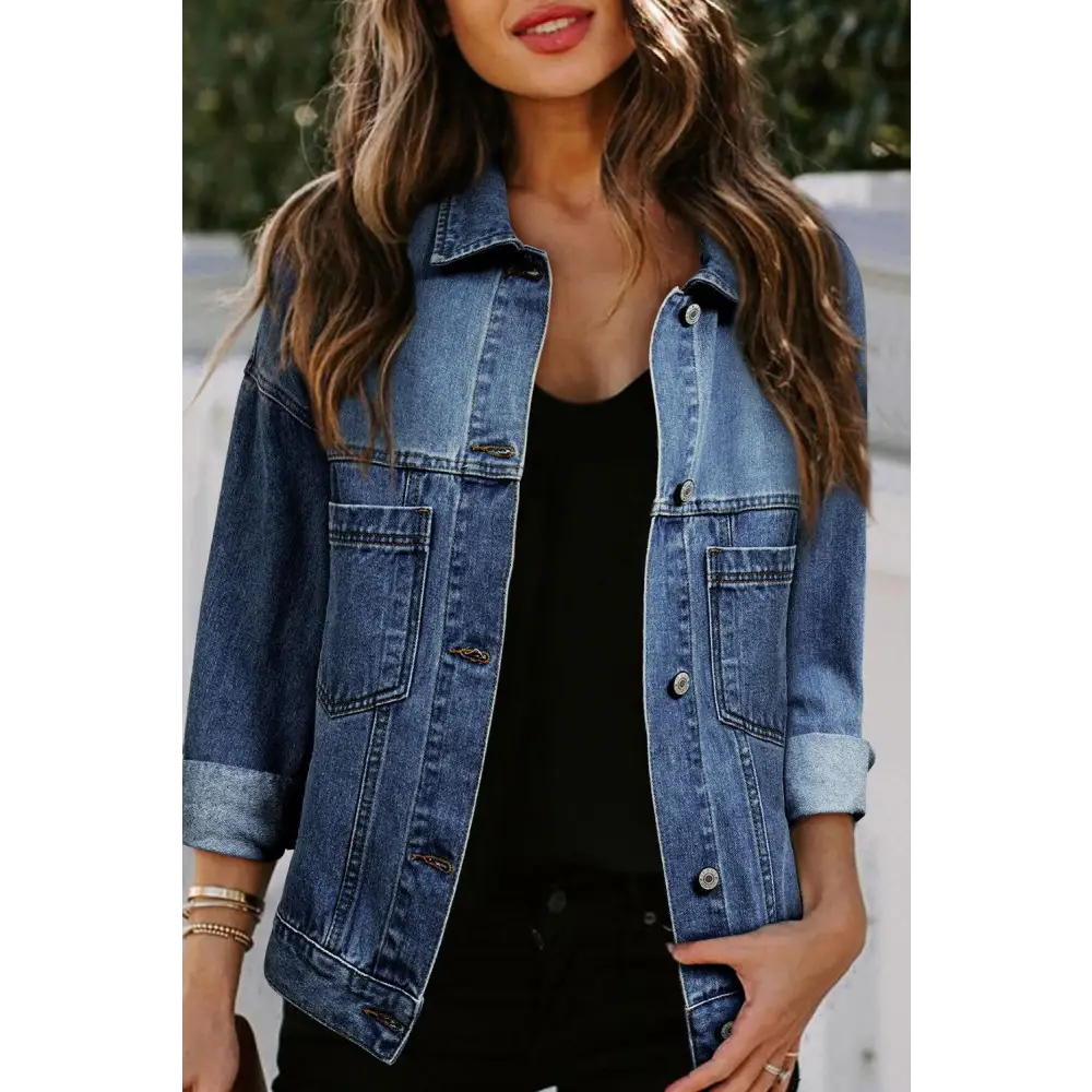 Trendy Blue Stripe Washed Oversized Pocketed Denim Jacket