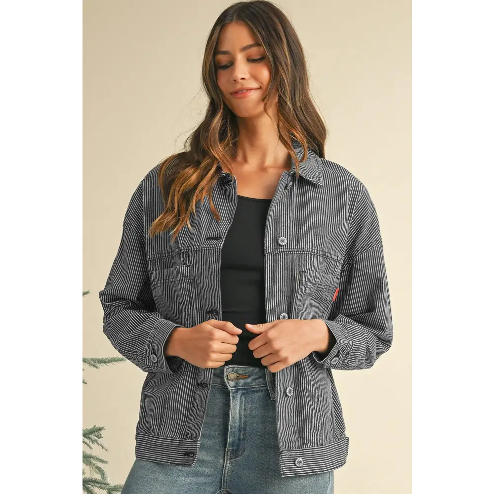 Trendy Blue Stripe Washed Oversized Pocketed Denim Jacket