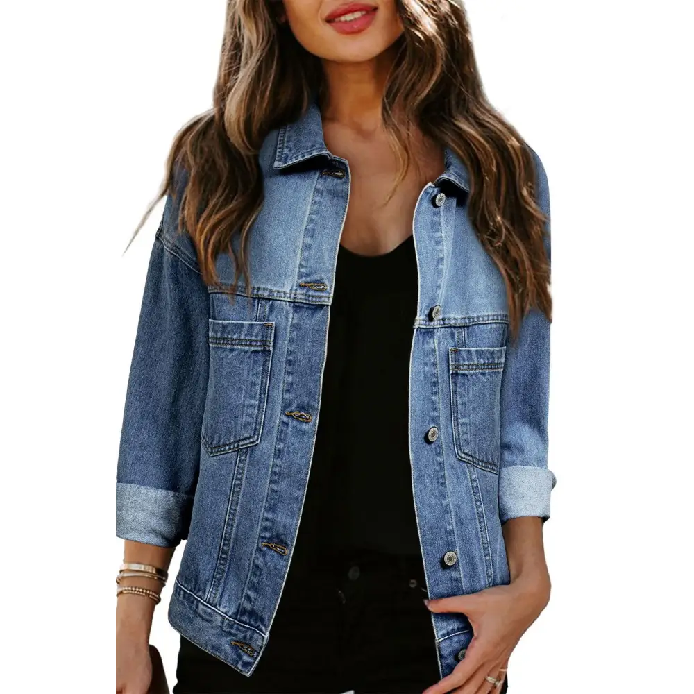 Trendy Blue Stripe Washed Oversized Pocketed Denim Jacket