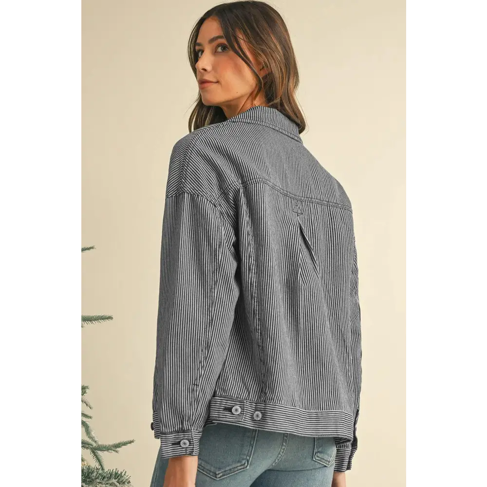 Trendy Blue Stripe Washed Oversized Pocketed Denim Jacket