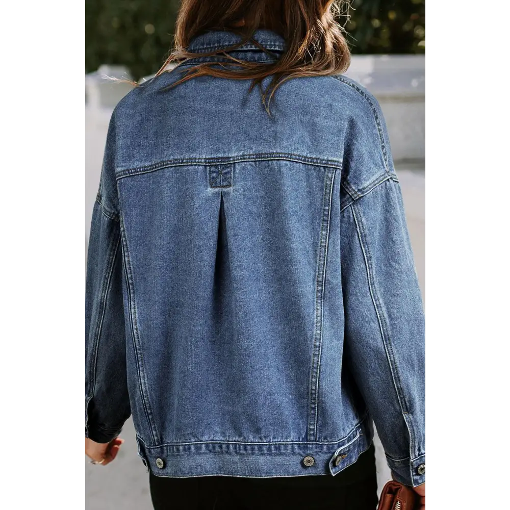 Trendy Blue Stripe Washed Oversized Pocketed Denim Jacket