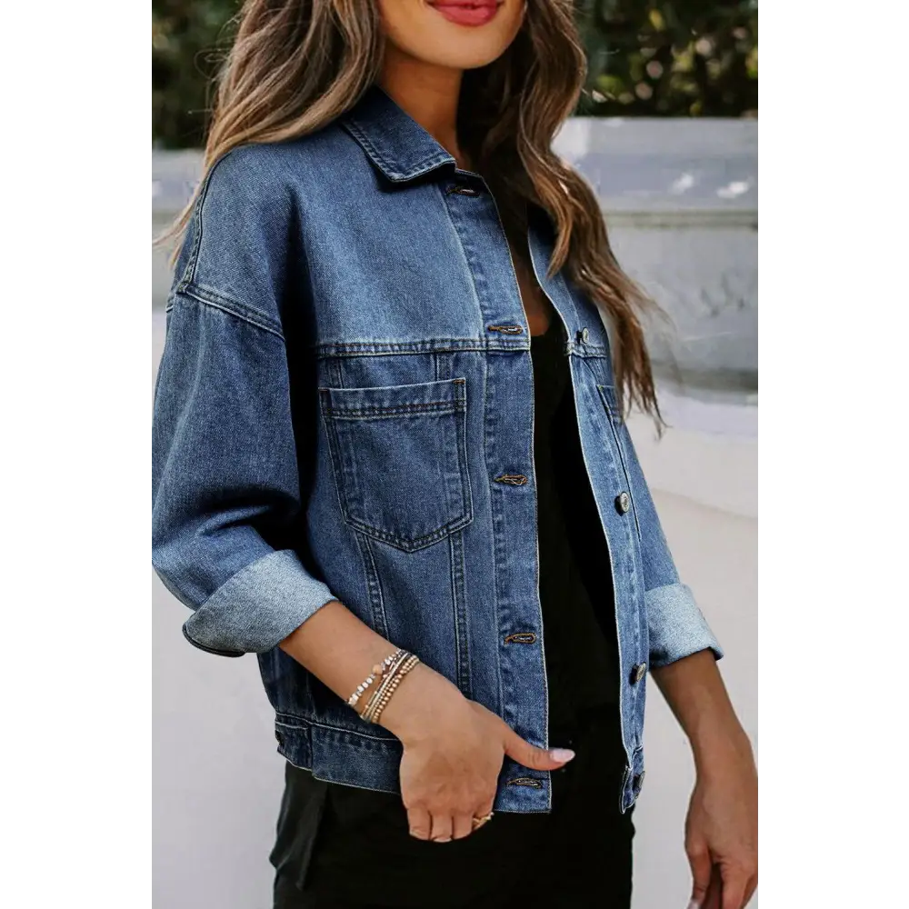 Trendy Blue Stripe Washed Oversized Pocketed Denim Jacket