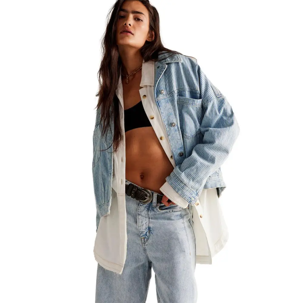 Trendy Blue Stripe Washed Oversized Pocketed Denim Jacket