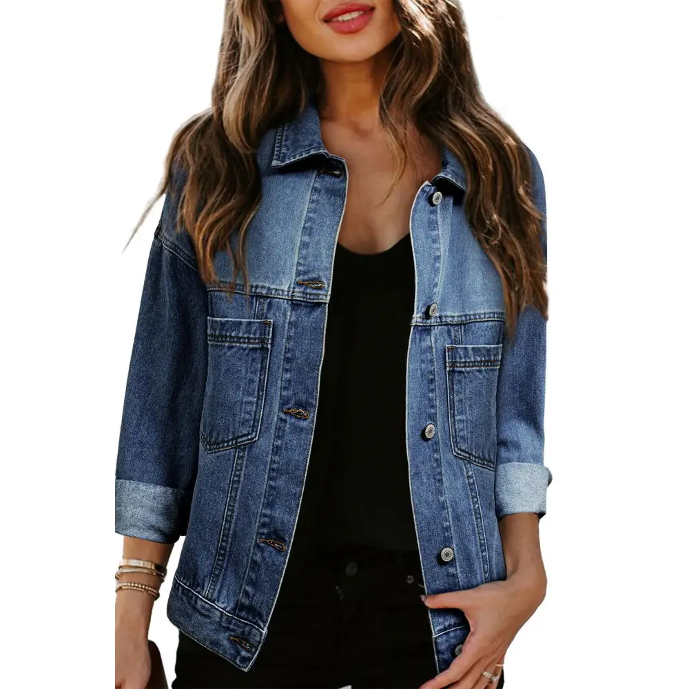 Trendy Blue Stripe Washed Oversized Pocketed Denim Jacket