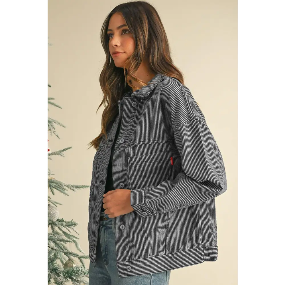 Trendy Blue Stripe Washed Oversized Pocketed Denim Jacket