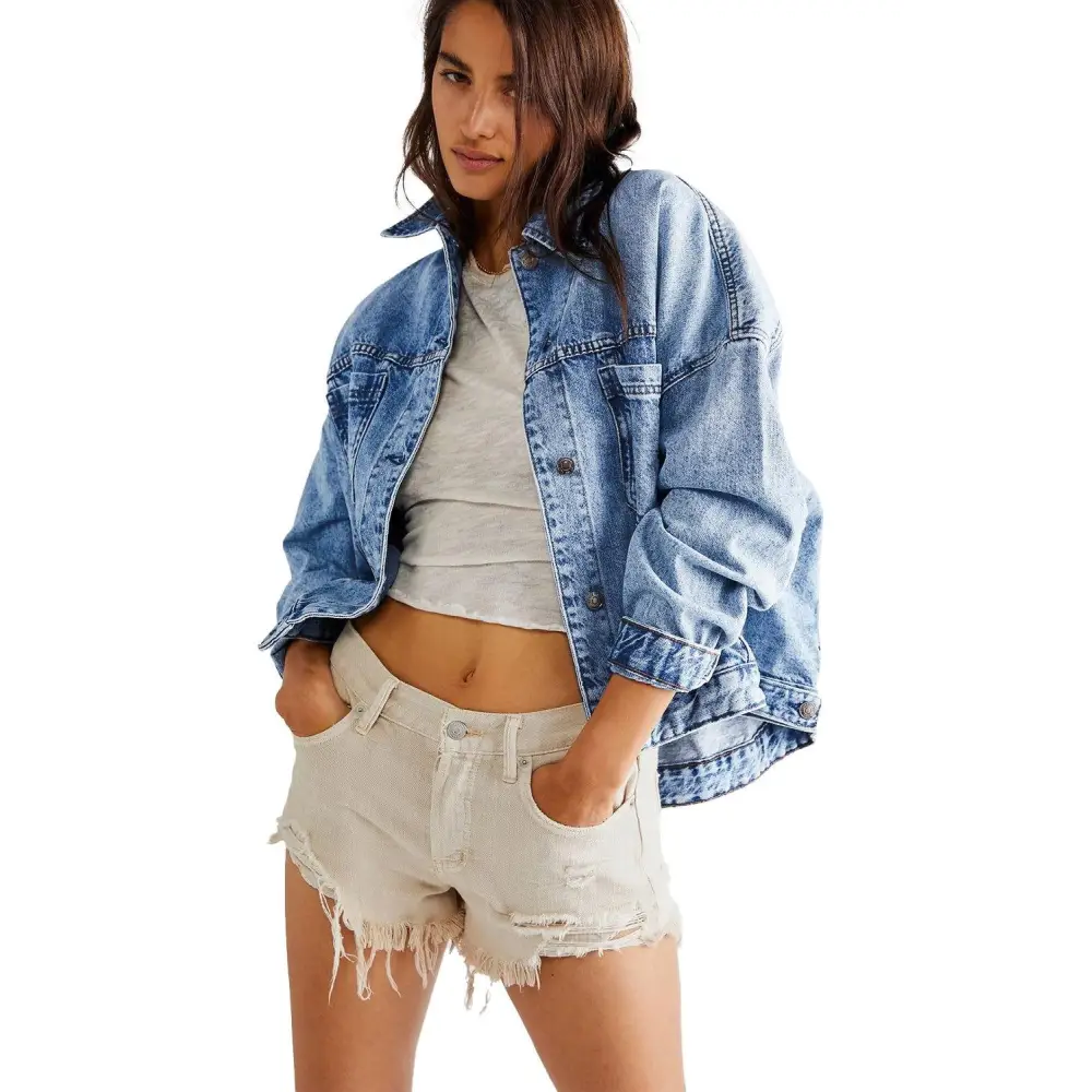 Trendy Blue Stripe Washed Oversized Pocketed Denim Jacket