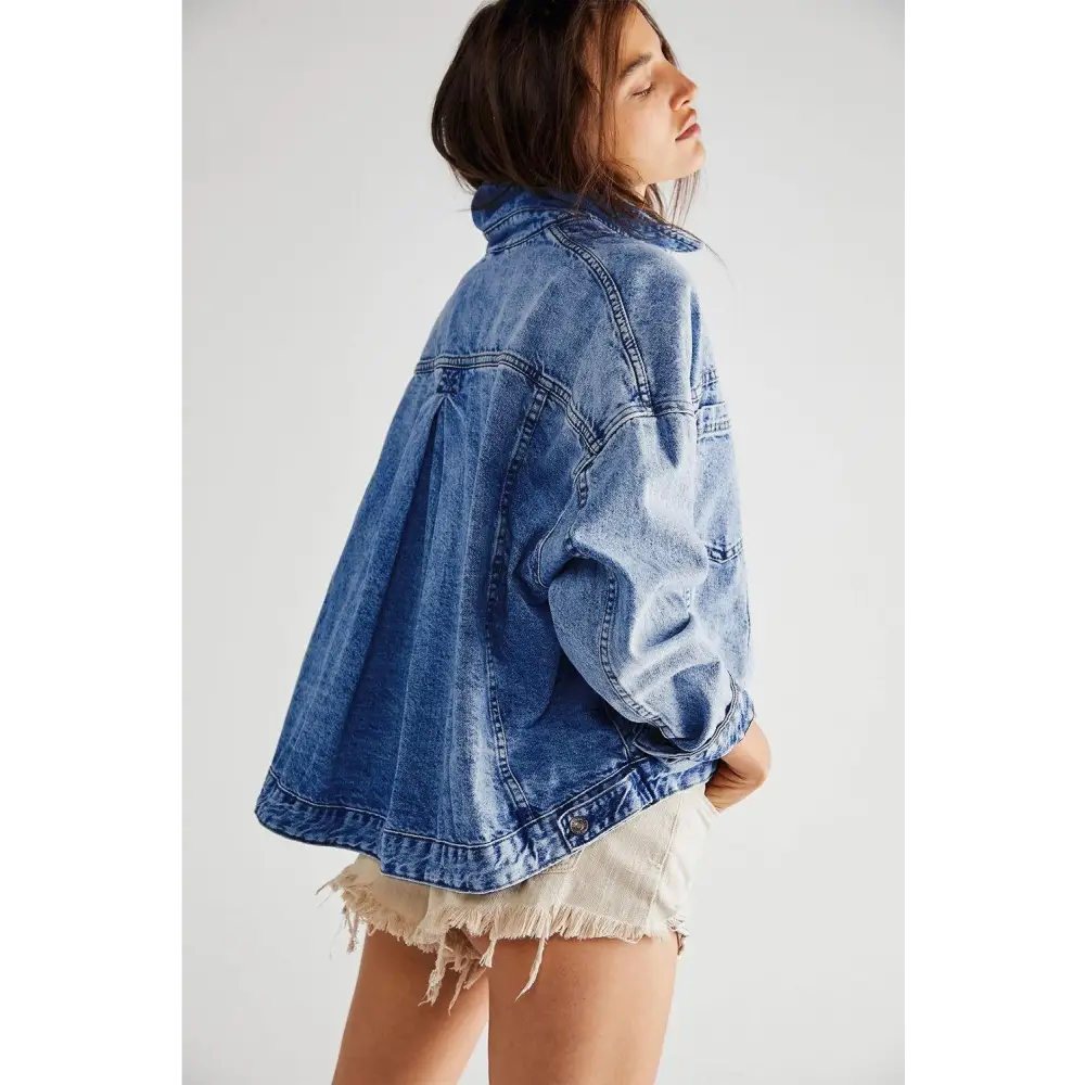 Trendy Blue Stripe Washed Oversized Pocketed Denim Jacket