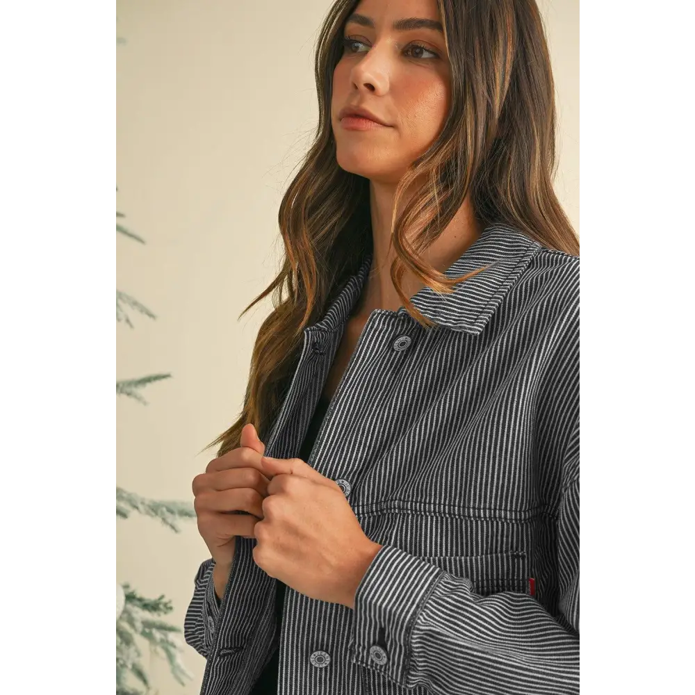 Trendy Blue Stripe Washed Oversized Pocketed Denim Jacket