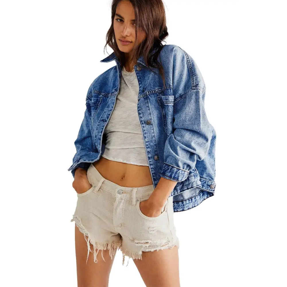 Trendy Blue Stripe Washed Oversized Pocketed Denim Jacket