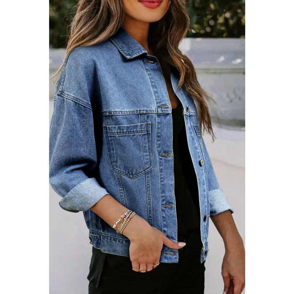 Trendy Blue Stripe Washed Oversized Pocketed Denim Jacket