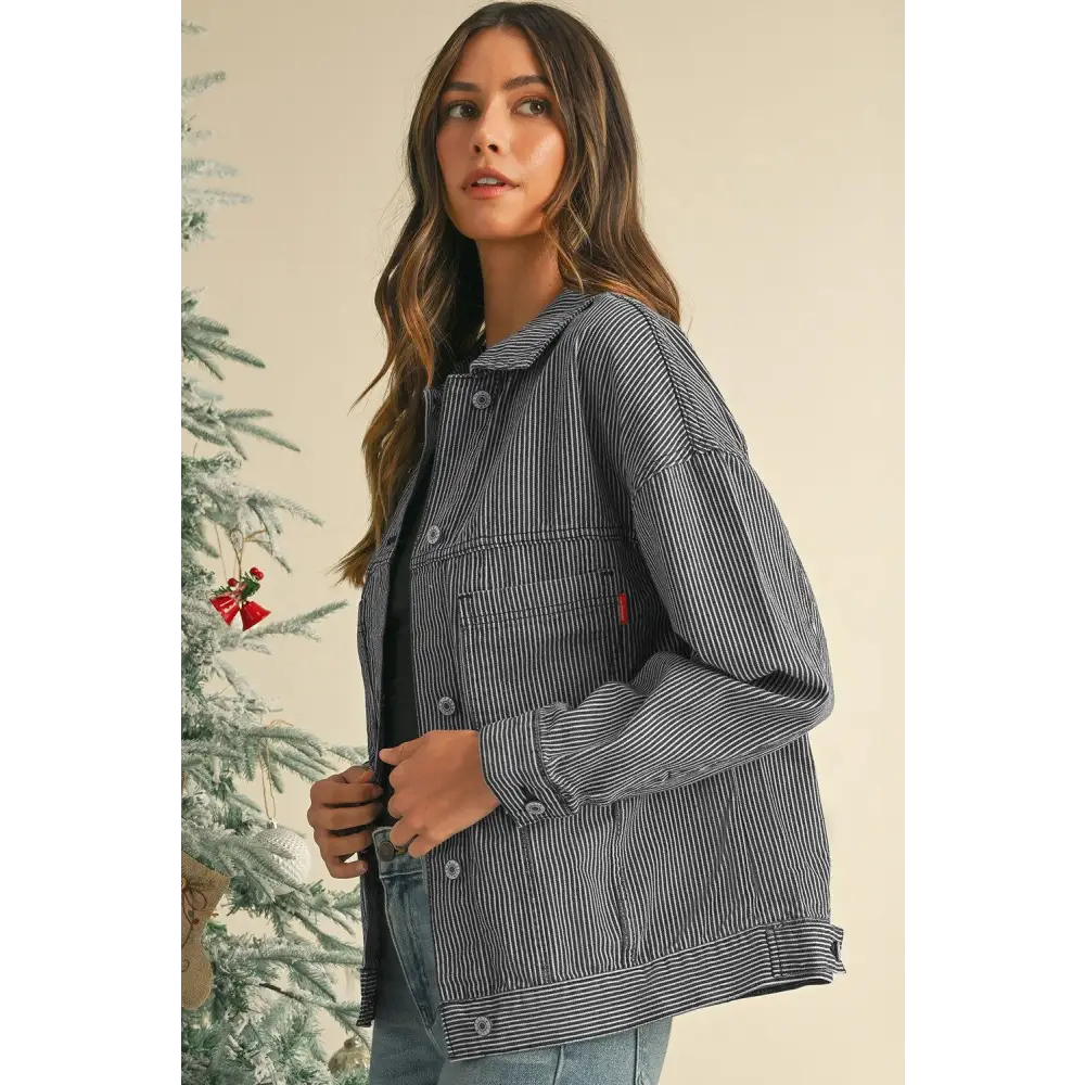 Trendy Blue Stripe Washed Oversized Pocketed Denim Jacket