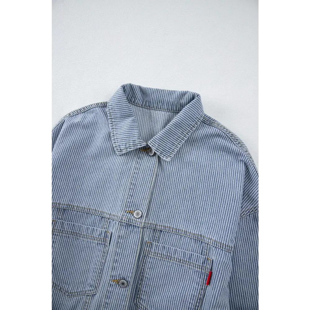 Trendy Blue Stripe Washed Oversized Pocketed Denim Jacket