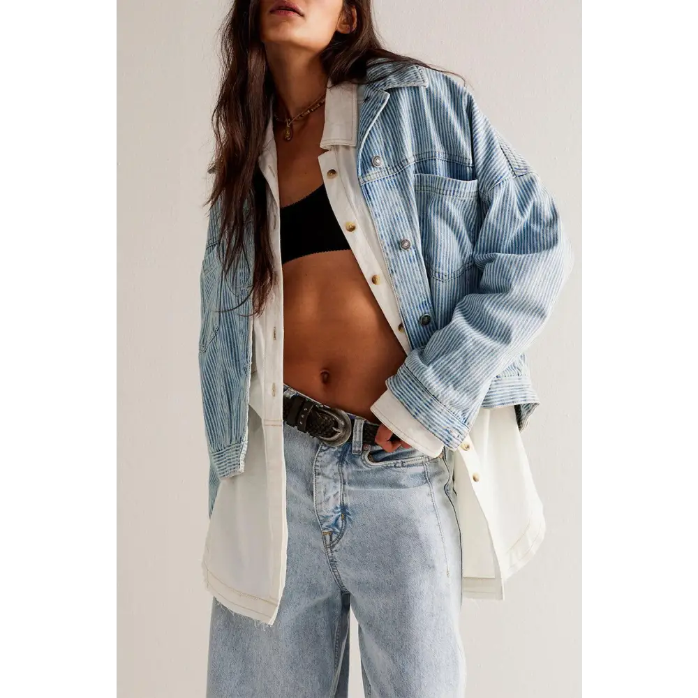 Trendy Blue Stripe Washed Oversized Pocketed Denim Jacket